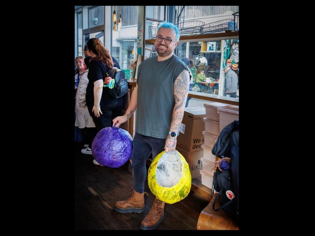 Hairdresser Andrew Phimister-Double with some of his handmade pumpkin heads.