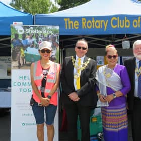 Warwick Mayor Cllr Dave Skinner, Magic of Thailand and Rotary President Dick Dixon