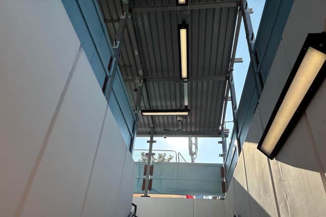 New canopy and lighting above Warwick station subway entrance. Photo by Network Rail
