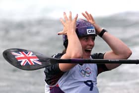 Kimberley Woods of Team Great Britain reacts after competing during the Women’s Kayak Single Final on day two of the Olympic Games Paris 2024. Getty Images.