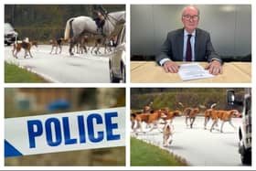 Top left and bottom right: Footage of Warwickshire Hunt on the roads, casing disruption to traffic. Top right: PCC Philip Seccombe.