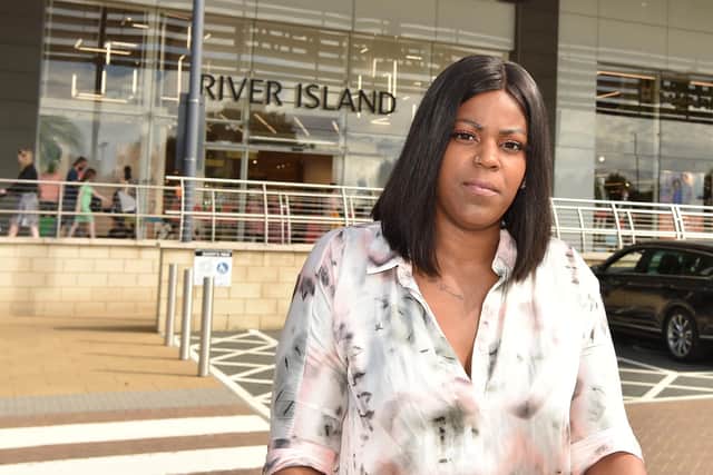 Bianca Artwell outside River Island at Elliott's Field Retail Park in Rugby