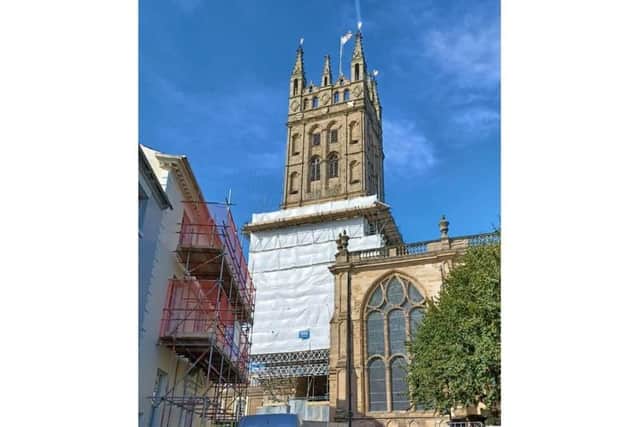 The first stage of scaffolding on St Mary's Church in Warwick during the restoration work. Photo supplied