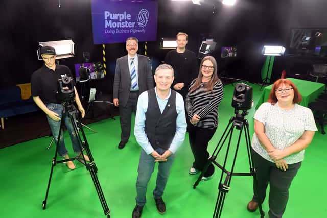 From left; Cllr Tim Sinclair from Warwickshire County Council, Alan Heap and Sam Bowles from Purple Monster, along with Stacy O’Connor and Louisa Smith from Warwickshire County Council.