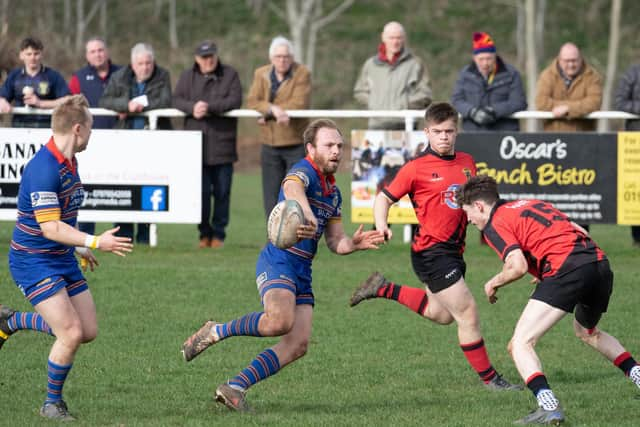 Leamington’s Toby Bruce and Gareth Shuttleworth, combining to set up a try for the team.