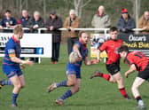 Leamington’s Toby Bruce and Gareth Shuttleworth, combining to set up a try for the team.