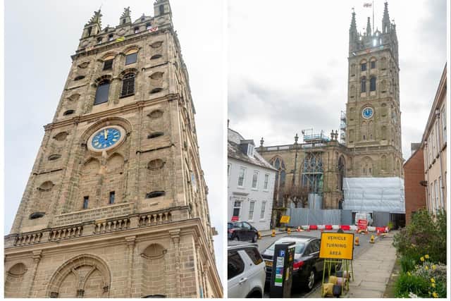 Most of the scaffolding at St Marys Church in Warwick has been taken down revealing the newly restored tower. Photos by Mike Baker