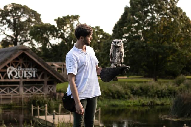 The baby bird will be hand-reared throughout the winter by falconers, led by Ben Kniveton (photographed) who will train Bernie on the Warwick Castle grounds to prepare him for his debut in The Falconer’s Quest in 2024. Photo supplied.