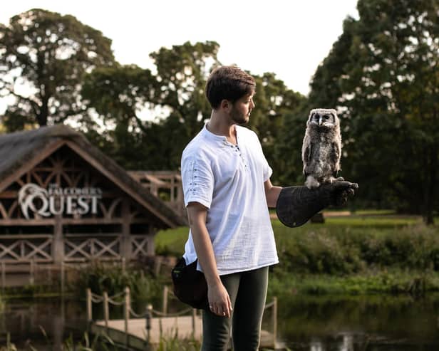 The baby bird will be hand-reared throughout the winter by falconers, led by Ben Kniveton (photographed) who will train Bernie on the Warwick Castle grounds to prepare him for his debut in The Falconer’s Quest in 2024. Photo supplied.