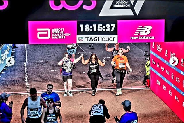 Satvir Sembhi crosses the finish line for the London Marathon 2022. Picture supplied.