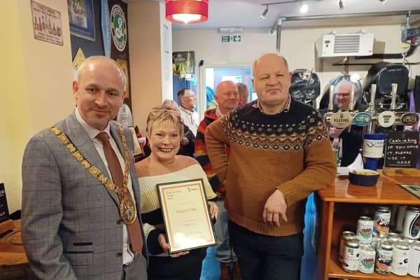 Rugby Mayor Simon Ward, landlady Sarah Quinton and Richard Potter, Rugby CAMRA chairman.