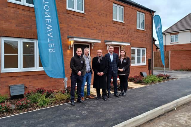 (L-R) Paul Stafford, managing director for Vistry; Marc Howard, head of development for Stonewater; Matt Western MP, Aidan Weir, development manager for Stonewater; Katy Beswick, sales director for Vistry.