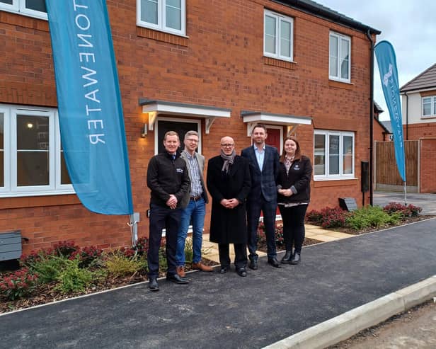 (L-R) Paul Stafford, managing director for Vistry; Marc Howard, head of development for Stonewater; Matt Western MP, Aidan Weir, development manager for Stonewater; Katy Beswick, sales director for Vistry.