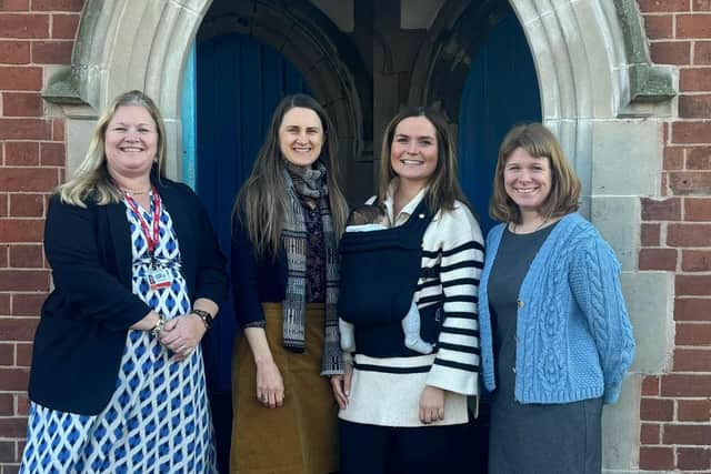 Katie Taylor and Rosie Clark are pictured here with Juliet Jones, Cubbington Headteacher, and Naomi Nicholson, co-Chair of governors, at the entrance of the old school building at Cubbington CofE Primary School where the new  Nurture Room preschool will open in September.