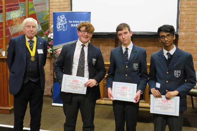 Runners up Warwick School with Rotarian Alan Bailey. The team were Ryan Taylor, Frederic Wyatt, and Pranav Raja. Photo supplied