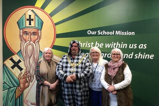 Lemington Mayor Cllr Nick Wilkins at St Patrick's school in Leamington promoting his PJ Day fundraising event for the LWS Night Shelter. Picture supplied.