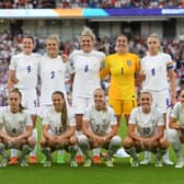 Millie Bright and her England team-mates pose for a photo prior to the UEFA Women's Euro 2022 group A match between England and Norway.