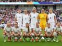 Millie Bright and her England team-mates pose for a photo prior to the UEFA Women's Euro 2022 group A match between England and Norway.