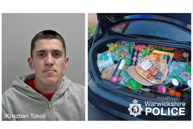 Krisztian Tokoli (left), who was sentenced to eight weeks imprisonment for theft from a shop, and the boot of the car full of goods. Photos supplied by Warwickshire Police