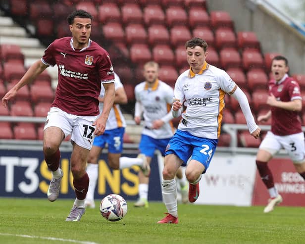 Cally Stewart (right) in action for Shrewsbury at Northampton Town in April. Photo: Getty Images.