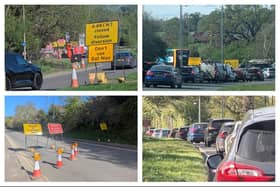 From top left, going clockwise: The entry of the A46 on the edge of Kenilworth, which is closed for three weeks; traffic queuing on the A452 between Leamington and Kenilworth; traffic queuing on the Birmingham Road going out of Kenilworth; the lane closure at Dalehouse Lane.
