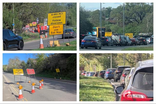 From top left, going clockwise: The entry of the A46 on the edge of Kenilworth, which is closed for three weeks; traffic queuing on the A452 between Leamington and Kenilworth; traffic queuing on the Birmingham Road going out of Kenilworth; the lane closure at Dalehouse Lane.