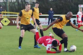 Leamington battle for the ball. Pic by Sally Ellis.