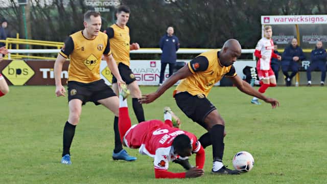 Leamington battle for the ball. Pic by Sally Ellis.