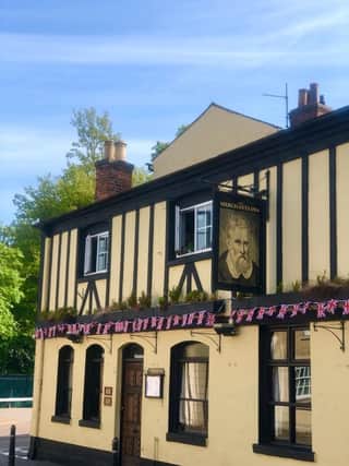 The Merchants Inn, Little Church Street, Rugby. The guide said: "Popular town-centre pub with flagstone floors and an open fire. The interior is a museum of brewery
memorabilia, with a large room to the rear that doubles as a function room."