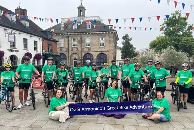 A music charity in Warwick has raised more than £20,000 by cycling 200 miles, enabling it to set up more Memory Singers choirs for people living with dementia.  
Led by TV presenter, wine expert and singer Oz Clarke, the group of cycling musicians from Armonico Consort visited seven care homes, giving mini-concerts, as part of the four-day event. Photo show the starting line in Warwick. Photo supplied