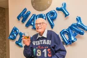 John Farringdon celebrates his 111th birthday at Cubbington Mill Care Home in Leamington Spa, Warwickshire, June 7, 2024.  Release date – June 7, 2024.  One of the world's oldest people has celebrated his 111th birthday today (Fri) - with a glass of whisky, an ABBA tribute band and 111 cards from well-wishers.  John Farringdon was born on June 7, 1913 and is now the second oldest man in the world after reaching the incredible milestone.  The supercentenarian puts his longevity down to a nightly glass of Grant’s whisky and a full English breakfast at his care home in Leamington Spa, Warks.  John has turned the same age as the world's oldest man John Tinniswood, who is also a Brit and lives in Liverpool.  John, who was born a year after the Titanic sank and when George V was on the throne, marked the special occasion with a party at Cubbington Mill Care Home.  After a visit from local schoolchildren, he enjoyed a barbecue, afternoon tea and a performance from an ABBA tribute band.