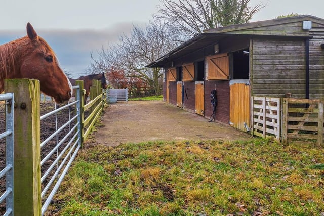 A stable block with three stalls and a tack room.