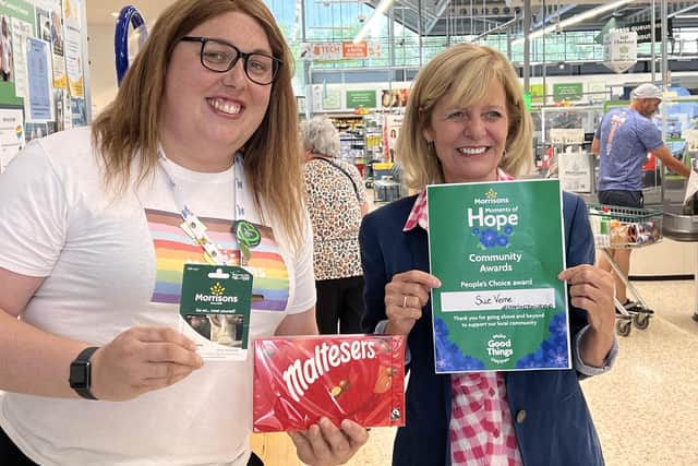 One of the winners of the People's choice category in the HOPE awards; Sue Verne. Sue started off the Esther project helping women get back and move forward. Sue has now started Grass roots where they go out weekly to different places to build the ladies confidence up and support them. Pictured is Sue receiving the award from Alex Pearson. Photo supplied