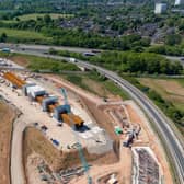 Aerial view of the first section of the M6 South viaduct being assembled alongside the road May 2025. Credit: HS2.
