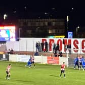Goalmouth action as Leamington draw at Bromsgrove on Tuesday night.
