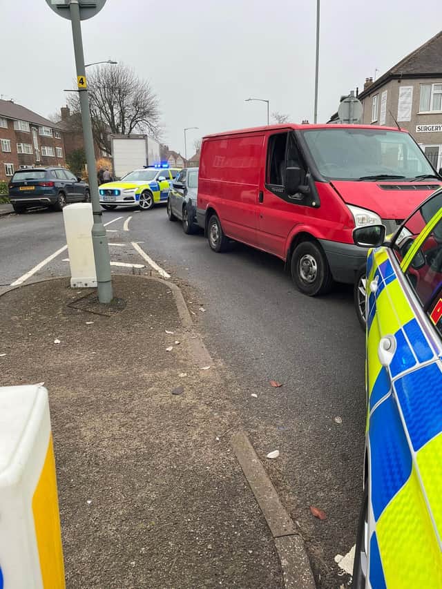 The driver of a stolen van rammed a police car during a chase on the edge of the Rugby borough.