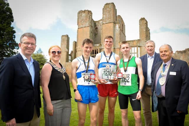 Pictured at last year’s event are: Men’s winners: 1st - Callum Hanlon (1218), 2nd Frazer Knowles (1488) and 3rd Luke Morgan (1162). The winners are pictured with (left) Sir Jeremy Wright MP and Cllr Sam Louden-Cooke, mayor of Kenilworth; (right) David Lester, senior partner at Blythe Liggins Solicitors and David Clayfield, district governor, Rotary Heart of England.