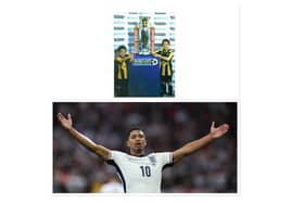 Top: Image courtesy of Leamington FC showing Jude Bellingham and his younger brother Jobe wearing Leamington FC kits and posing with the Premier League trophy.Bottom: GELSENKIRCHEN, GERMANY - JUNE 16: Jude Bellingham of England celebrates scoring his team's first goal during the UEFA EURO 2024 group stage match between Serbia and England at Arena AufSchalke on June 16, 2024 in Gelsenkirchen, Germany.   (Photo by Kevin C. Cox/Getty Images)