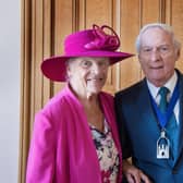 Gerald Guest with his wife Audrey after receiving his MBE. Photo by Gill Fletcher