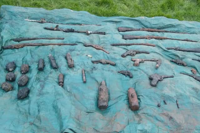 Some of the Second World War weapons and munitions found by The Peaky Dippers in the River Leam.