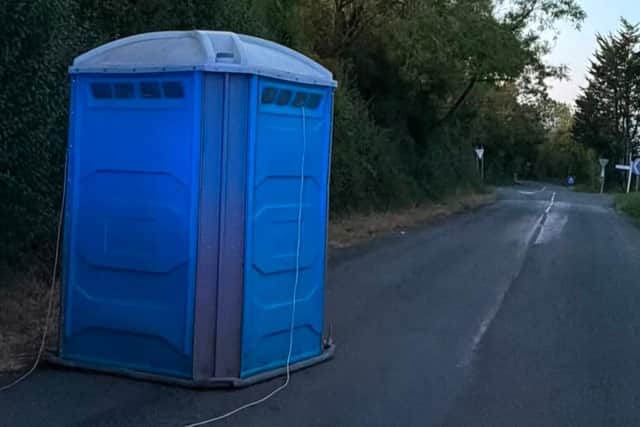 The portable loo found in the middle of the road. Picture: Market Harborough and Lutterworth Police