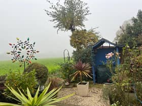 A little bit of paradise that has been developed over almost 30 years covering a ditch and some wasteground at the edge of the field. The blue cord shows the approximate line of the original boundary. A number of other Montague Road residents have also extended at the back of their gardens. Photo: Rugby Advertiser.