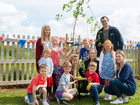 (L-R) Top row – Rhiannon Goode (co-ordinator at Wellesbourne CE Primary) and David March (head of environmental sustainability at Orbit). Bottom row – Chloe Curtis-Dunn (environmental coordinator at Orbit) and Jess Perry (co-ordinator at Wellesbourne CE Primary), with KS1 and KS2 school children.