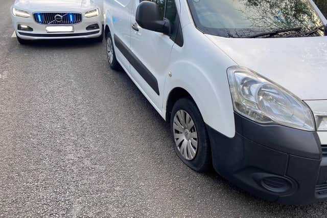 The driver of a cloned van in Southam was spotted by police changing number plates.