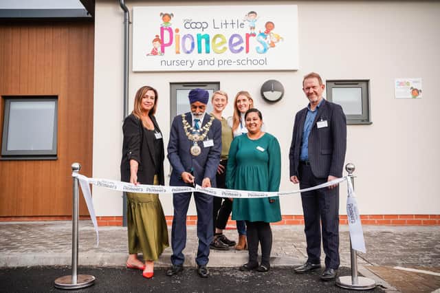 From left to right: Sally Bonnar, chief operating officer for the Childcare Group at The Midcounties Co-operative, Parminder Singh Birdi, Mayor of Warwick, Leanne Potts, Nursery Manager, Emily Sandilands, Growth and Acquisitions Manager for Midcounties Co-operative, Naz Banu, Deputy Nursery Manager, Phil Phosonby, Group CEO for The Midcounties Co-operative. Photo by Matt Hyde Photography
