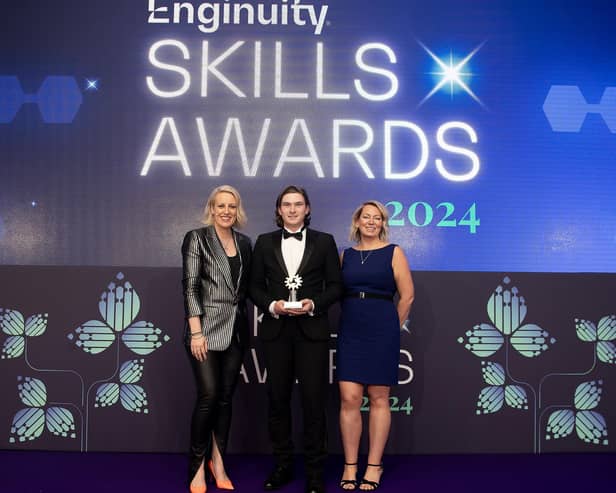 Jamie Clarke, LISI Aerospace Rugby, (centre) collects the Advanced Level Apprentice of the Year Award from Lindsay Conroy, Head of Apprenticeships, UCAS (right) and Honorary Fellow of the Royal Academy of Engineering and award-winning broadcaster Steph McGovern (left) at the Enginuity Skills Awards 2024.
