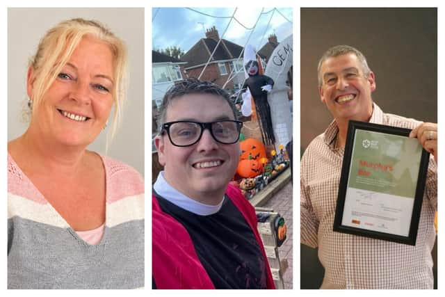 Community champions Yvonne McKinnon, Darren Butler and Kevin Murphy have been chosen to be the ones to switch on Leamington's Christmas lights this year. Pictures supplied.