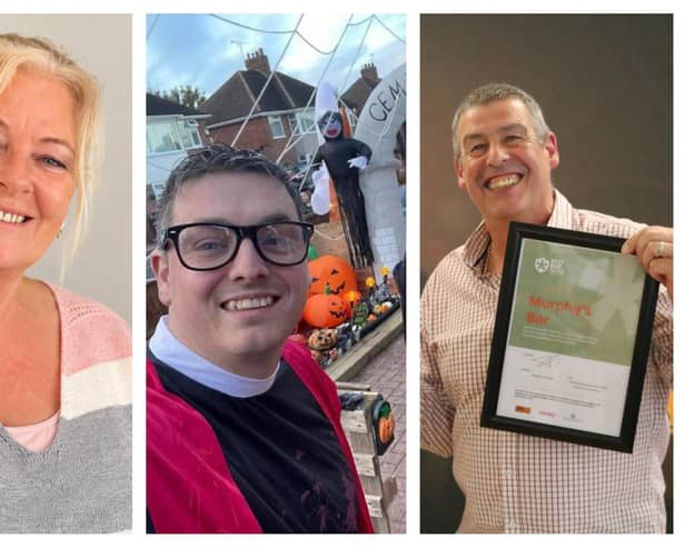 Community champions Yvonne McKinnon, Darren Butler and Kevin Murphy have been chosen to be the ones to switch on Leamington's Christmas lights this year. Pictures supplied.