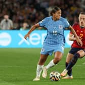 Spain's defender #02 Ona Batlle fights for the ball with England's defender #16 Jessica Carter during the Australia and New Zealand 2023 Women's World Cup final football match between Spain and England at Stadium Australia in Sydney on August 20, 2023. (Photo by STEVE CHRISTO / AFP) (Photo by STEVE CHRISTO/AFP via Getty Images)