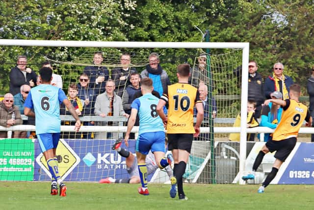 Dan Turner scoring Leamington's goal in their 2-1 defeat by Alfreton at the weekend  Picture by Sally Ellis